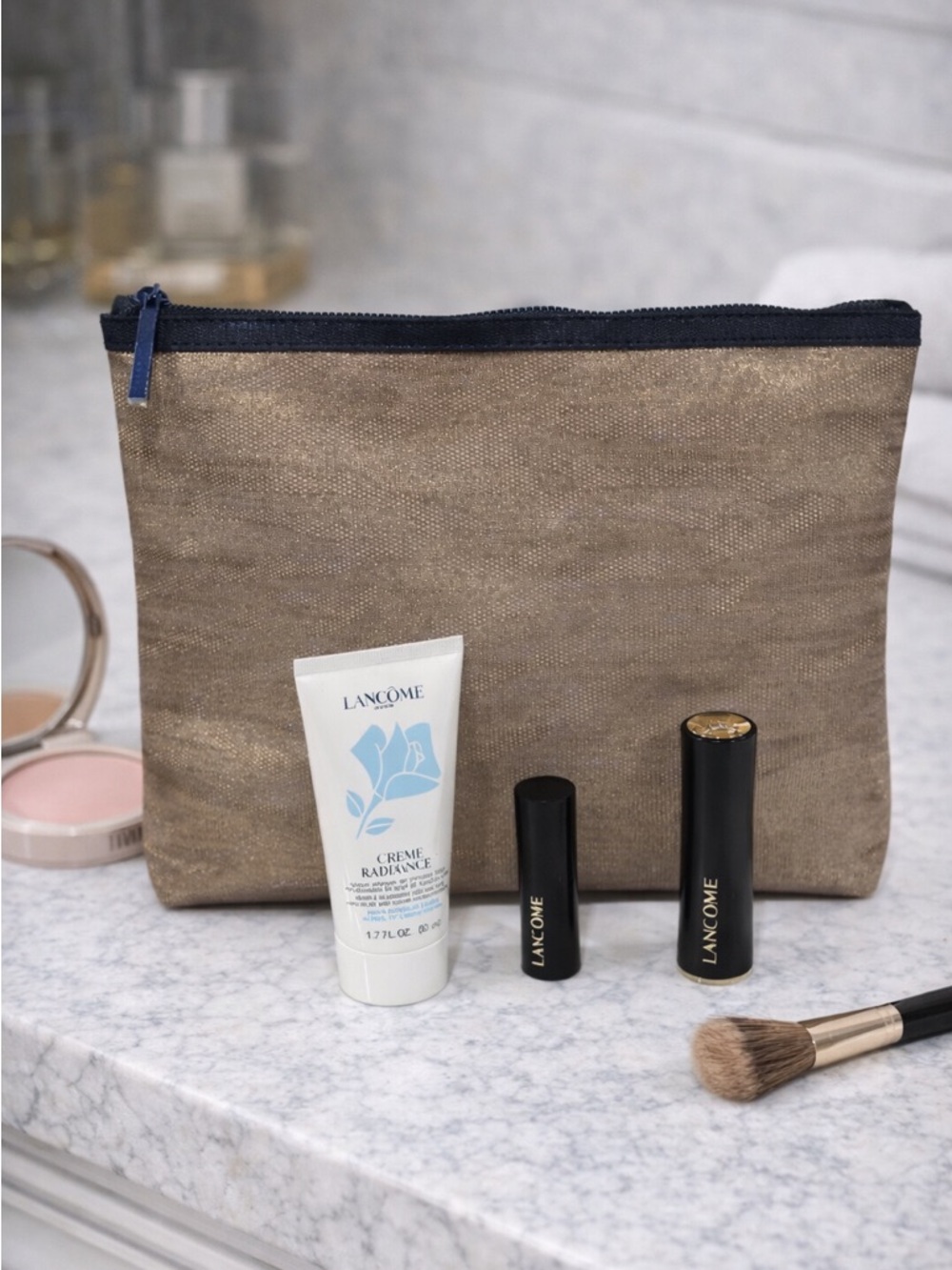 Lancome Clutch bag Skincare and Makeup Set with Blush rouge and cleanser NEW